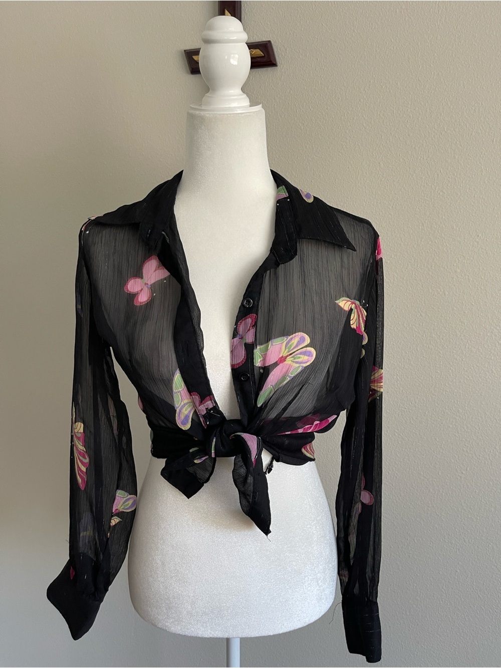 Sheer Black Butterfly Print Floral Tie-Front Blouse - Women's Top